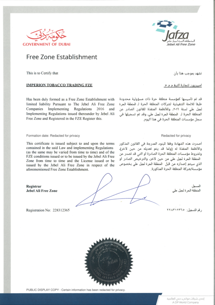 Imperion Tobacco Trading FZE Certificate of Free Zone Establishment, formation date redacted for privacy